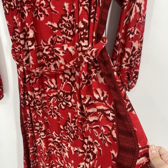 Knox Rose Size XL Red Floral Peasant Prairie Boho Maxi Dress V-Neck Belted - Picture 13 of 13